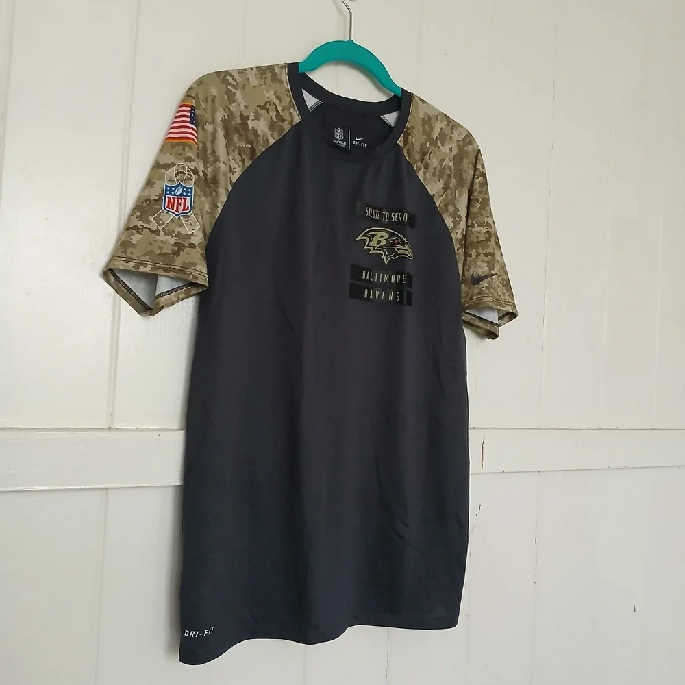 Baltimore Ravens Nike T Shirt M Green Camo Salute To Service Dri-Fit‎ 3/4 Sleeve